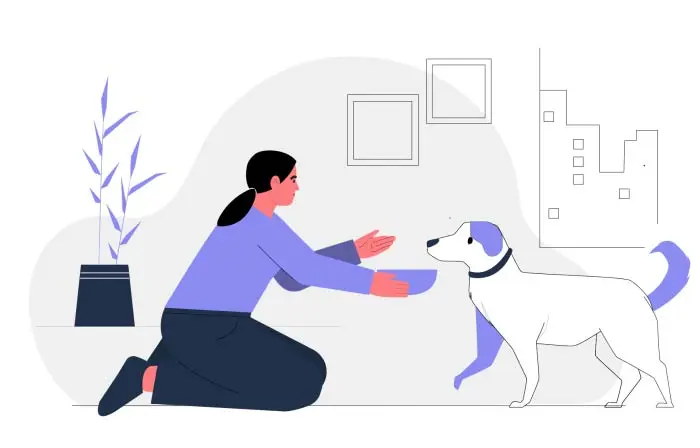A Girl Is Feeding Her Dog from a Bowl in This Vector Character Illustration image
